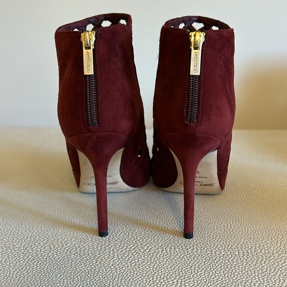 Jimmy Choo Dane Peep Toe Caged Heeled Booties Red Burgundy Size 37 or 6.5 - Picture 4 of 7
